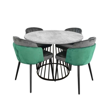 5Pcs Dining Set Round Faux Cement Dining Table W/ 4 Dining Chair Velvet Green