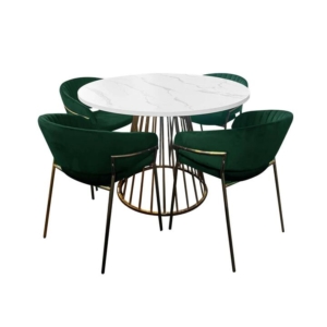 5Pcs Dining Set Round Faux Marble Dining Table White W/ 4 Dining Chair Velvet Green