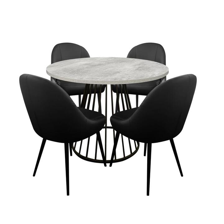 5Pcs Dining Set Round Faux Cement Dining Table W/ 4 Dining Chair Black PU