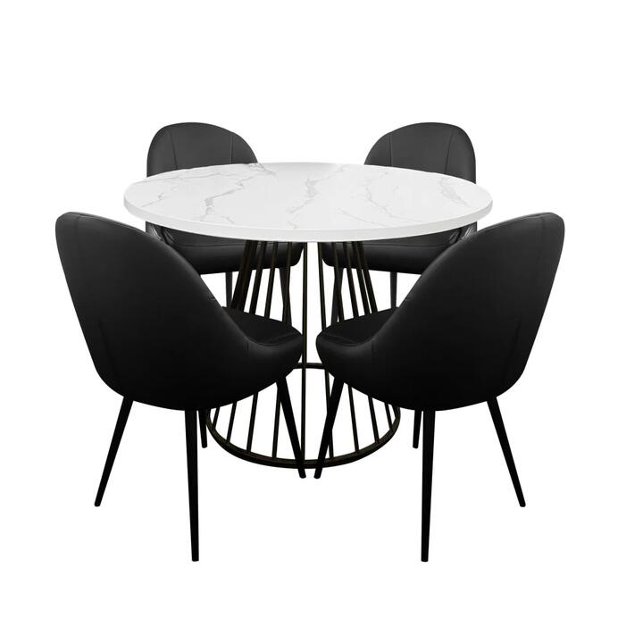 5Pcs Dining Set Matilda Round Faux Marble Dining Table 110cm White W/ 4x Soon Dining Chair in Black PU