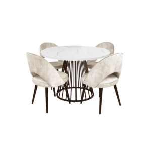 5Pcs Dining Set Matilda Round Faux Marble Dining Table 110cm White W/ 4x Paxton Dining Chair Velvet Beige