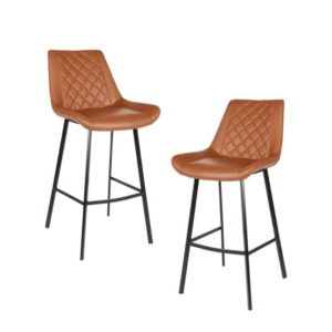 Set Of 2 Yura Eco Leather Kitchen Counter Bar Stool Black Metal Legs 66cm Antique Cognac