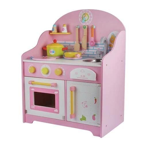 Ekkio Wooden Toy Kitchen Playset for Kids with Clock Japanese Style Kitchen Set Pink