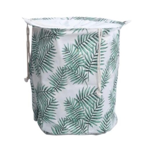 Gominimo Laundry Basket Round Foldable with Cover Green Leaves Design