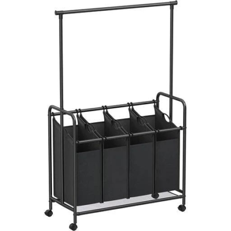 Songmics 4-Bag Laundry Sorter Rolling Cart with Hanging Bar - Black