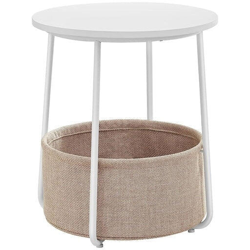 Vasagle Small Round Side End Table with Fabric Basket - White and Beige