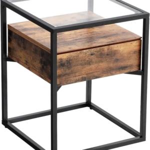 Side Table Tempered Glass End Table with Drawer and Shelf Rustic Brown and Black