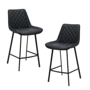 Set Of 2 Fin Eco Leather Kitchen Counter Bar Stool Metal Legs 66cm  Black