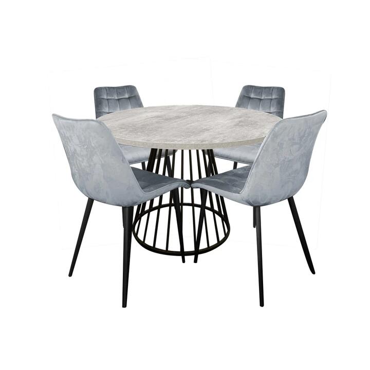 5Pc Dining Set Matilda Round Dining Table 110cm Faux Cement Look & 4 Lainey Fabric Velvet Dining Chair Grey