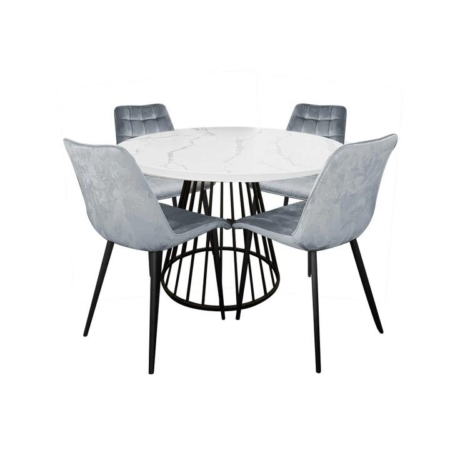 5Pc Dining Set Matilda Round Dining Table 110cm Marble Look & 4 Lainey Fabric Velvet Dining Chair Grey