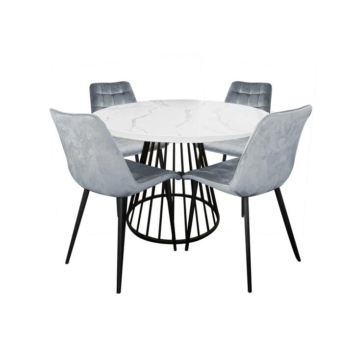 5Pc Dining Set Matilda Round Dining Table 110cm Marble Look & 4 Lainey Fabric Velvet Dining Chair Grey