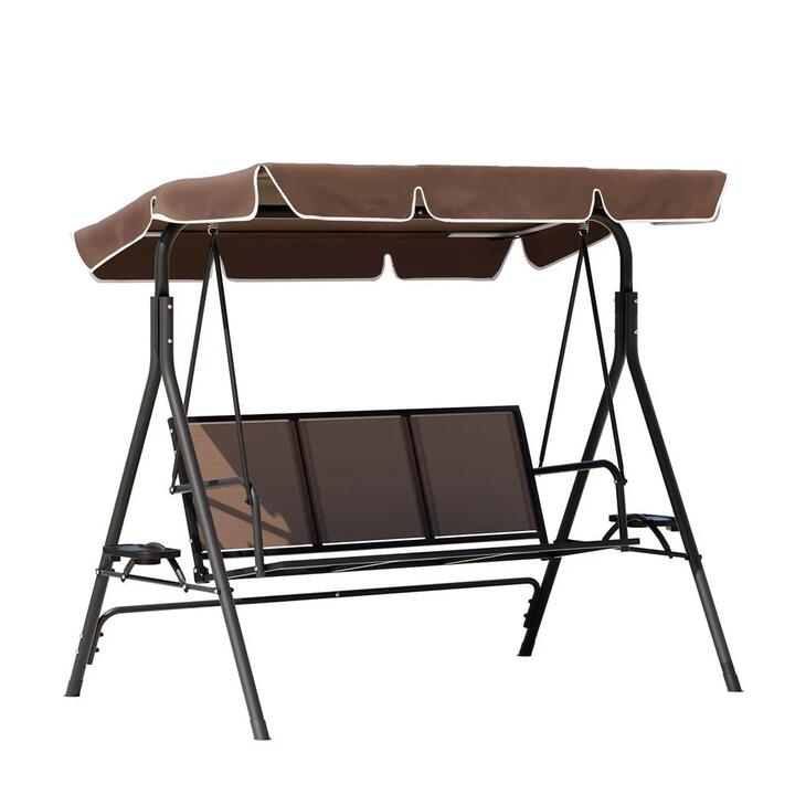 Outdoor Swing Chair Garden Furniture Canopy Cup Holder 3 Seater Brown