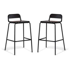 Set of 2 - Sam Aurora Industrial Flat Bar Stool - 75cm - Black Frame - Brown Timber Seat