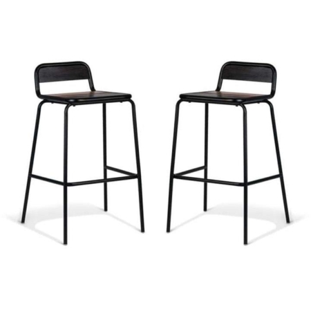 Set of 2 - Sam Aurora Industrial Flat Bar Stool - 75cm - Black Frame - Brown Timber Seat