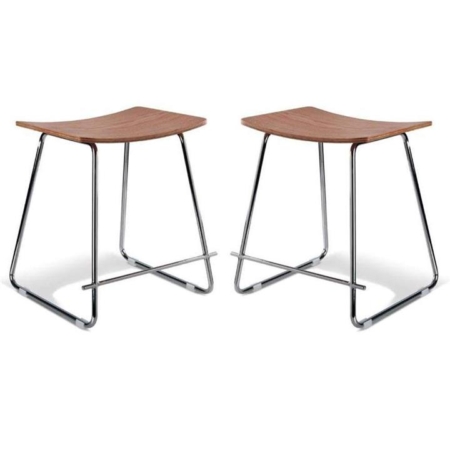 Set of 2 -  Porter Nordberg Kitchen Low Stool 47cm - Chrome Frame - Natural Veneer Seat