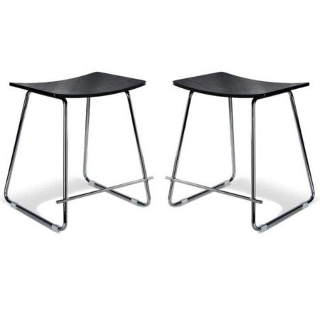 Set of 2 - Porter Nordberg Kitchen Low Stool 47cm - Chrome Frame - Black Veneer Seat