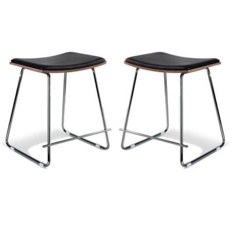 Set of 2 - Porter Nordberg Kitchen Low Stool 48cm - Chrome Frame - Natural Veneer - Black Cushion Seat