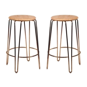 Set of 2 - Storo Bar Stool 65cm - Rose Gold Frame - Natural Timber Seat