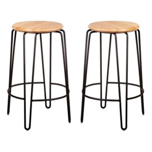 Set of 2 - Storo Bar Stool 65cm - Black Frame - Natural Timber Seat