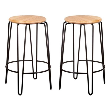 Set of 2 - Storo Bar Stool 65cm - Black Frame - Natural Timber Seat