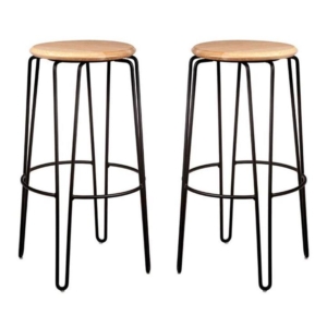 Set of 2 - Storo Bar Stool 75cm - Black Frame - Natural Timber Seat