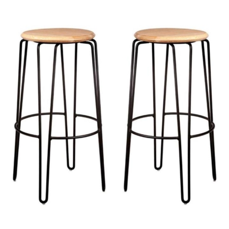 Set of 2 - Storo Bar Stool 75cm - Black Frame - Natural Timber Seat