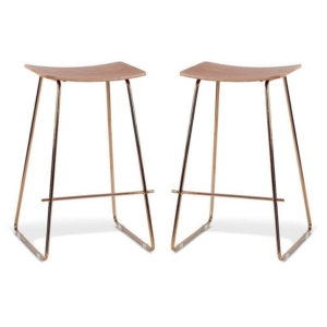 Set of 2 - Porter Nordberg Kitchen Counter Bar Stool 70cm - Rose Gold Frame - Natural Veneer Seat