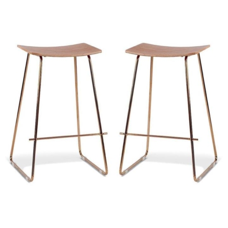 Set of 2 - Porter Nordberg Kitchen Counter Bar Stool 70cm - Rose Gold Frame - Natural Veneer Seat