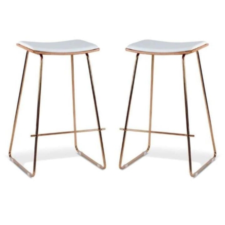 Set of 2 - Porter Nordberg Kitchen Counter Bar Stool 73cm - Rose Gold Frame - Natural Veneer White Cushion Seat