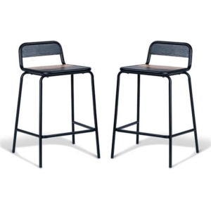 Set of 2 - Sam Aurora Industrial Flat Bar Stool - 65cm - Black Frame - Brown Timber Seat