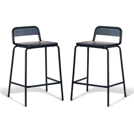 Set of 2 - Sam Aurora Industrial Flat Bar Stool - 65cm - Black Frame - Brown Timber Seat