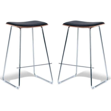 Set of 2 - Porter Nordberg Kitchen Counter Bar Stool 73m - Chrome Frame - Natural Veneer - Black Cushion Seat