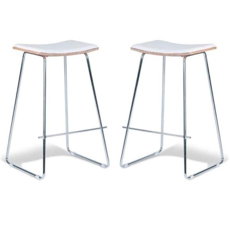 Set of 2 - Porter Nordberg Kitchen Counter Bar Stool 73m - Chrome Frame - Natural Veneer - White Cushion Seat