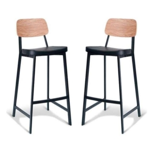 Set of 2 - Espriit Enfys Industrial Bar Stool 75cm - Black Frame - Natural Oak Back - Black Cushion Seat