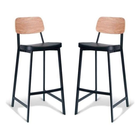 Set of 2 - Espriit Enfys Industrial Bar Stool 75cm - Black Frame - Natural Oak Back - Black Cushion Seat
