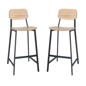 Set of 2 - Espriit Enfys Industrial Bar Stool 75cm - Black Frame - Natural Oak Back - Natural Veneer Seat