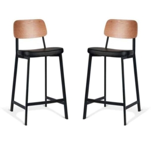 Set of 2 - Espriit Enfys Industrial Bar Stool 65cm - Black Frame - Natural Oak Back - Black Cushion Seat