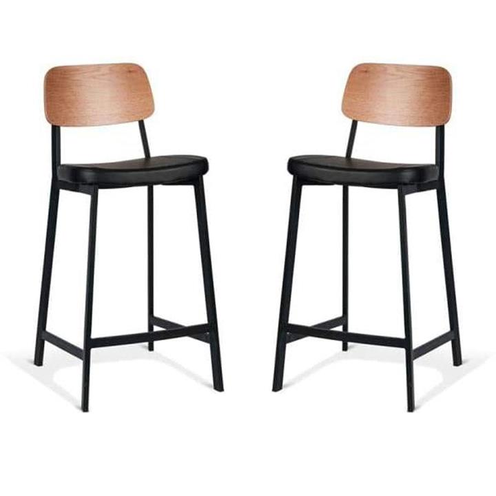 Set of 2 - Espriit Enfys Industrial Bar Stool 65cm - Black Frame - Natural Oak Back - Black Cushion Seat