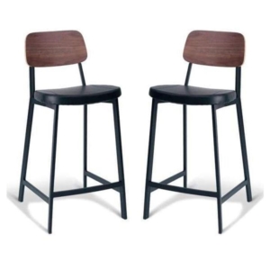 Set of 2 - Espriit Enfys Industrial Bar Stool 65cm - Black Frame - Walnut Back - Black Cushion Seat