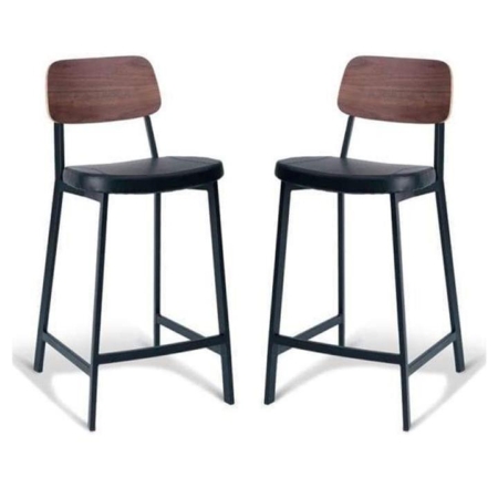 Set of 2 - Espriit Enfys Industrial Bar Stool 65cm - Black Frame - Walnut Back - Black Cushion Seat