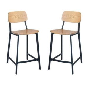 Set of 2 - Espriit Enfys Industrial Bar Stool 65cm - Black Frame - Natural Oak Back - Natural Veneer Seat