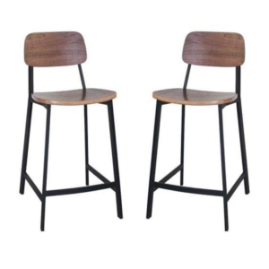 Set of 2 - Espriit Enfys Industrial Bar Stool 65cm - Black Frame - Walnut Back - Walnut Veneer Seat