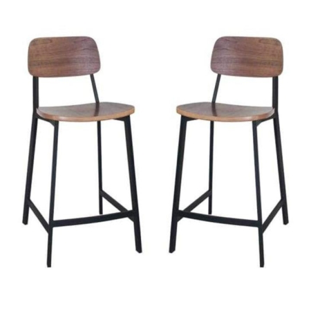 Set of 2 - Espriit Enfys Industrial Bar Stool 65cm - Black Frame - Walnut Back - Walnut Veneer Seat