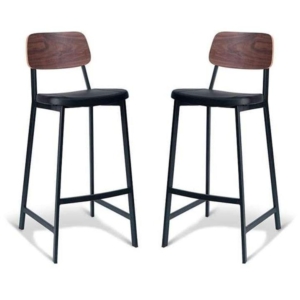 Set of 2 - Espriit Enfys Industrial Bar Stool 75cm - Black Frame - Walnut Back - Black cushion Seat