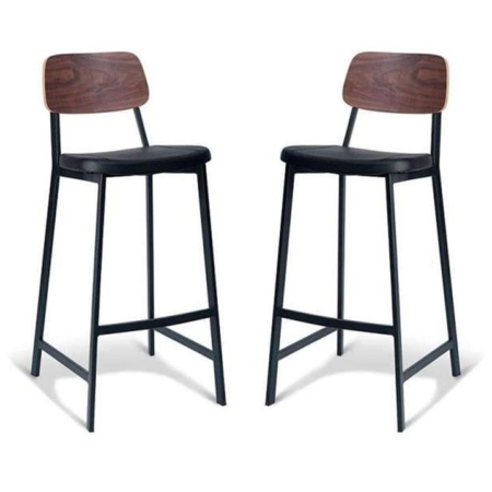 Set of 2 - Espriit Enfys Industrial Bar Stool 75cm - Black Frame - Walnut Back - Black cushion Seat