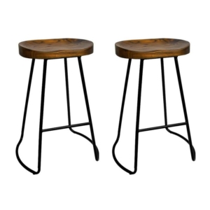 Set of 2 Elm Wood Backless Bar Stools 65cm - Black and Dark Natural
