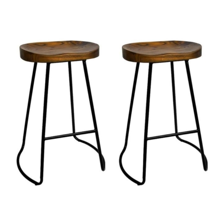 Set of 2 Elm Wood Backless Bar Stools 65cm - Black and Dark Natural