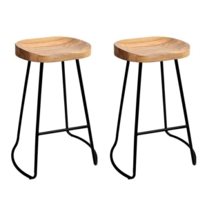 Set of 2 Elm Wood Backless Bar Stools 65cm - Black and Light Natural