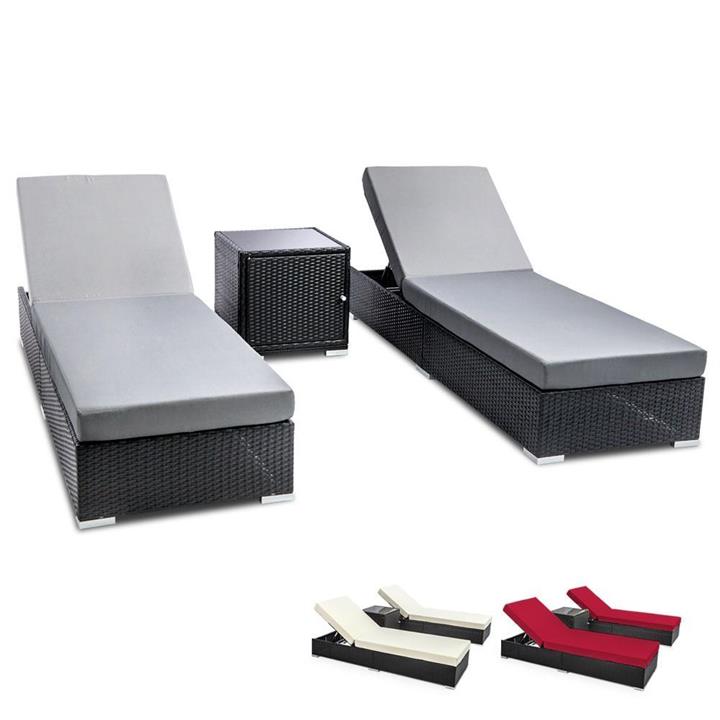 Outdoor Sun Lounge Wicker Lounger Setting Day Bed Chair Pool Furniture Rattan Sofa Cushion Garden Patio 3pc Black Frame