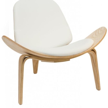 Hans Wegner Replica Lounge Shell Chair PU Leather - Natural Frame - White